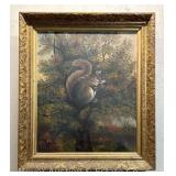 Oil on Canvas of Squirrel, Unsigned, Gilt Frame, Antique, 30"x26"
