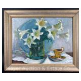 Theresa Hinchy Grau "Lilies and Gold Cup" Oil on Canvas, Artist Signed, Framed 21"x27"