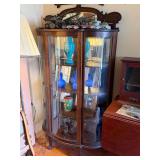 Oak Curved Glass China Cabinet, Wood Shelves, Antique, 36"x16"x66.5"h