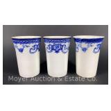 (3) Blue and White China Cups, 2 Buffalo China and 1 Buffalo Pottery, 4"h