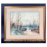 Watercolor Landscape, Signed E.Major 1912, Framed 19"x22"