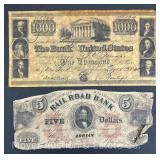 Erie & Kalamazoo Railroad Bank 5 Dollar Note with United States 1,000 Dollar Reproduction Note