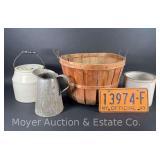 Group of Stoneware Crocks, Metal Pitcher, Vintage New York License Plates, Etc.