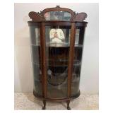 Curved Glass China Cabinet, Wood Shelves, Antique, 36"x16"x66.5"h
