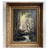 Landscape Painting on Canvas of Forest, Gilt Frame, Antique, Framed 31'x24.5'