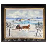 Iris E. Webster “Joy Ride” Oil on Board Winterscape Painting, Framed 16'x19.5'