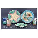 (6) Pieces of Majolica: Plates, Vases, and Pitcher, 7.5"-9"w and 4"-5"h