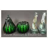Murano Art Glass Pear and Apple Paperweights, with Other Art Glass Cats, 3'-5'h