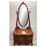 Mahogany Princess Dresser with Mirror, Antique, Serpentine-front 34”x21”x28”h, Mirror is 49”h