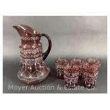 (6) Piece Amethyst Glass Water Set, Antique, 4" and 11.5"h
