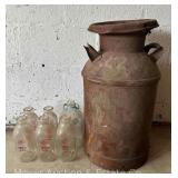 Milk Can, with Lid, 24'h and (6) Vintage Milk Bottles