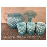 Westmoreland Stain Glass Jack in the Pulpit Style Vase with Blue Hobnail Pitcher and Glasses
