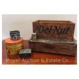 Group of Advertising Wood Crates and Metal Tins