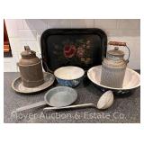 Group of Enamelware and Hand Painted Metal Tray