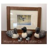 Don Li-Leger Print 'Tranquil Evening-Common Loons', Artist Signed and 5 Painted Decoys