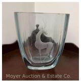Strömbergshyttan Swedish Glass Vase with Etched Gazelle, B316, 5'h (chips to top edge)