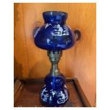 Cobalt Blue Oil Lamp, Boy and Girl Depicted on Shade and Base, Hand Painted Detail, 12'h
