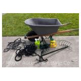 Poly Wheelbarrow, with Pneumatic Tire (Cracked Tub), Hoses and Hose Hanger, Lawn and Garden Supplies, Etc.