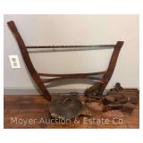 Buck Saw, Moulding Planes, Sad Irons, Cast Iron Pan, Etc.