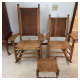 Matching Grandfather and Grandmother Rocking Chairs, Matching Foot Stool, Rush Seats/Backs, Antique