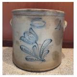Four Gallon J. Burger Jr. Rochester, NY Stoneware Crock, Cobalt Floral Design, 13'w, 11'h