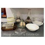 Group of Corelle Bowls, Oil Lamps, Small Slag Panel Lamp Shade, Etc.