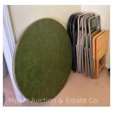 8 Metal Folding Chairs, Round Card Table, & 2 Wooden TV Trays; Card Table 40"w