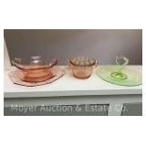 Group of Green and Pink Depression Glass, Green Serving Plate Glows