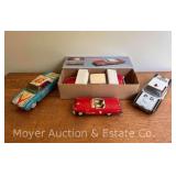 (4) Vintage Tin Friction Drive Toy Cars, One with Original Box, 7"-10" Long
