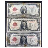 (2) 1928 Series $1 Bills and (1) $2 Bill