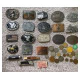 Group of Belt Buckles, Foreign Coins, and Pocket Knives