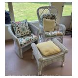 White Wicker Rocking Chair, Side Chair and Footstool