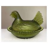 Green Glass Hen on Nest, 7"w