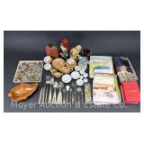 Group of Misc. Foreign Coins, Steel Cents, Silver Plate, Handkerchiefs, China, Etc.
