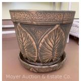 Leaf Motif Pottery Planter with Saucer, 11"h Overall