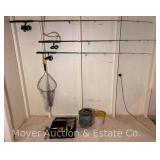 Group of Fishing Poles, Net, Bait Bucket, and Tackle Box with Contents