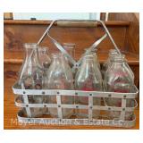(8) Glass Milk Bottles in Metal Carrier