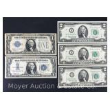 (2) 1934 Series $1 Silver Certificates and (3) 1976 Series $2 Bills