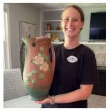 Roseville Pottery "White Rose" Double Handle Floor Vase, Chip to Rim, Marked 992-15", 15.5"h