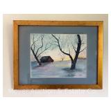 Liz Bonneau Watercolor Painting of Winter Landscape, Signed & dated 12/95, Framed 13.5"x17.5"