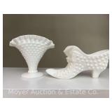 Fenton Hobnail Milk Glass Show and Miniature Fan Vase, 3"-4"h