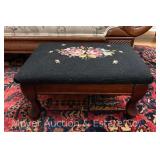 Needlepoint Footstool, Wood Base, 14.5'w