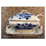 Ironstone Soup Tureen with Tray and Ladle, Cobalt Flower Decoration, 15.5'w