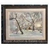 Watercolor of Snowy Landscape, Unsigned, Framed 25.5'x32'