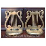 Pair of Brass Tone Harp Bookends, 5'h