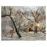Watercolor of Snowy Landscape, Unsigned, Framed 25.5'x32'
