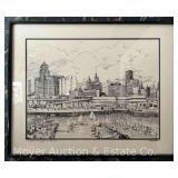'Buffalo, NY on Lake Erie' Pen and Ink Style Print, Signed Alexander, Framed 16'x20'
