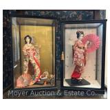 (2) WW2 Era Japanese Geisha Dolls in Display Cases, Cases are 21' and 22.5'h