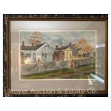 Harword Dryer Watercolor of Colonial Village, Artist Signed, Framed 21'x28'