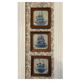 (3) Royal Tichelaar Makkum Delft Tiles with Ships, Wood Framed, 6.5'x6.5'